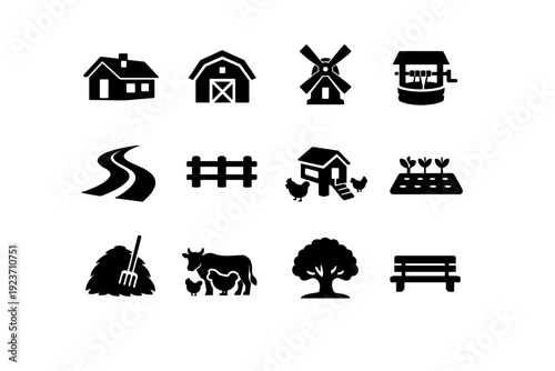 Village. Solid icon set of Village: village house, barn, windmill, water well, dirt road, wooden fence, chicken coop, vegetable garden,