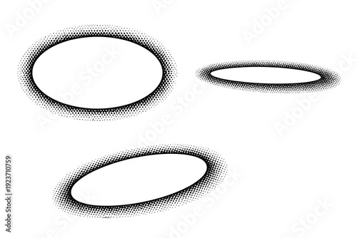 Halftone oval frame with smooth continuous dot outline and centered opening shown from front view, side view, and three-quarter view as a single object set