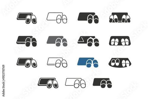 Putting on indoor slippers. Icon set. Set Logo of Putting on indoor slippers: slippers beside doormat. harmonious logo variations of the same emblematic