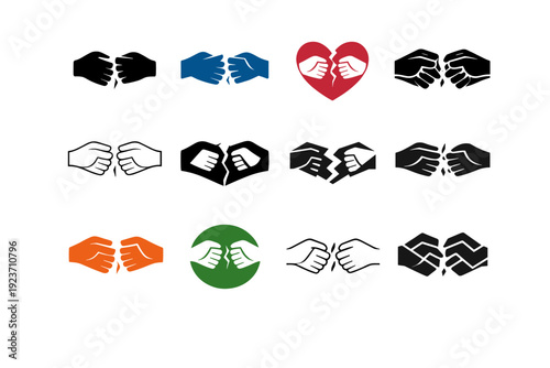 Friendship breakups and healing. Icon set. Set Logo of Friendship breakups and healing: two hands separating. harmonious logo variations of the same emblematic