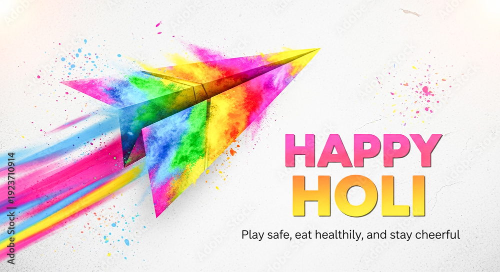 Fototapeta premium Holi Festival: A colorful paper plane design with Holi greetings and wishes. A joyful scene with vibrant colors and artistic expression.