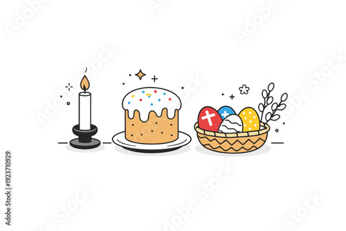 Orthodox Easter. A calm festive scene with traditional painted eggs, Easter cake, and a candle arranged neatly on a clean table. Peaceful mood of faith,