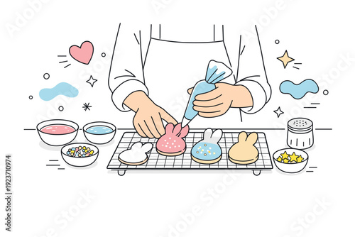 Decorating Easter cookies. A baker adds pastel icing and sprinkles to bunny-shaped cookies on a counter, abstract floating shapes and dots
