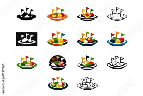 Food tasting tours. Icon set. Set Logo of Food tasting tours: tasting plate with toothpick flags. harmonious logo variations of the same emblematic concept,