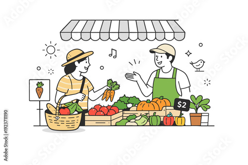 Farmers? markets and fresh produce. A shopper selects seasonal vegetables while chatting with a local farmer across a market table. Warm human interaction and