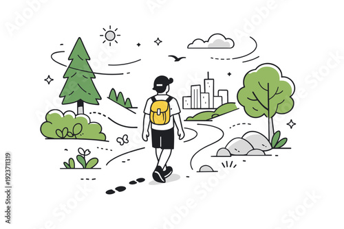 Micro-adventures near home. A person walking through a nearby forest trail with a small backpack, enjoying a peaceful solo exploration close to the city. Calm