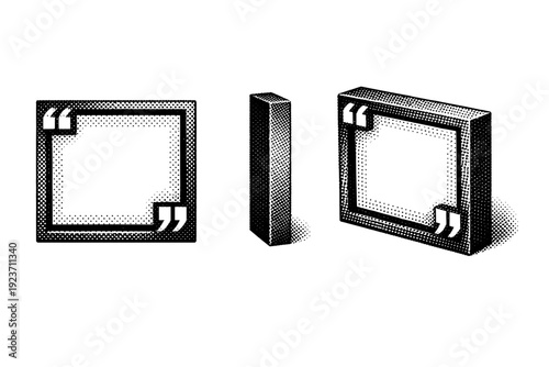 Halftone social media quote block A quote text block template is shown as a single object from three different views: front view, side view, and three-quarter