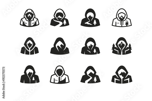 Clothing for travel and adventure (lightweight, multipurpose). Icon set. Set Logo of Clothing for travel and adventure (lightweight, multipurpose): all-weather