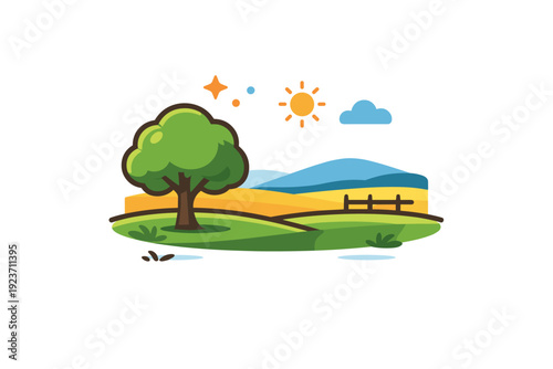Peaceful landscape visualized as a quiet countryside scene with a single tree and open field, evoking solitude, grounding, and slow living. Minimalist flat