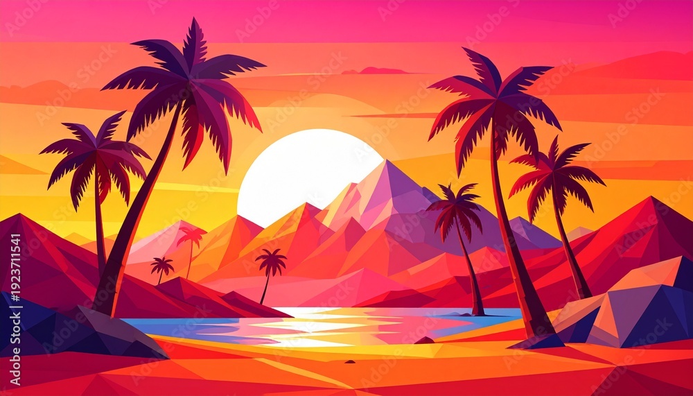 Fototapeta premium Vibrant tropical sunset with palm trees and mountain range