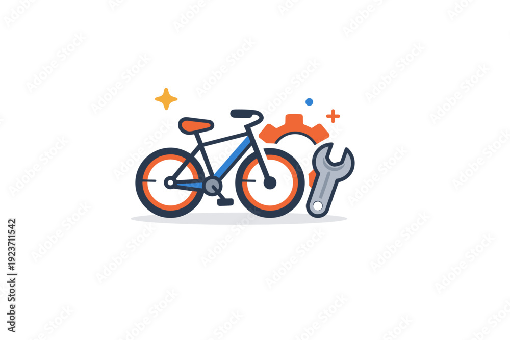 Fototapeta premium Bicycle repair and maintenance concept illustrated by a bicycle combined with a small wrench and gear icon, communicating care, reliability and keeping