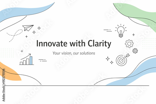 Modern landing page hero background. Flowing abstract forms and gentle curves framing a wide headline area, suggesting innovation and clarity. Calm