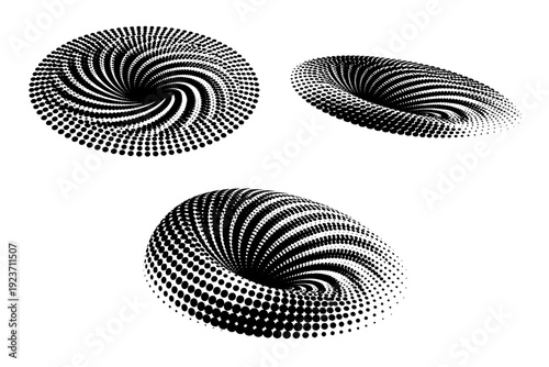 Radial warped halftone dot lines shown as a single object presented in three views: flat top view, angled view, and three-quarter perspective view. Black and