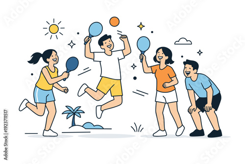 Just-for-fun summer game. A small group enjoying a light sports activity without uniforms or scoreboards. Focus on laughter, motion, and shared enjoyment.