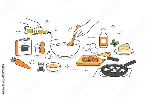 Minimalist Kitchen Art. Cooking at home. Modern abstract composition showing hands preparing food, simple ingredients, and kitchen tools in a relaxed rhythm.