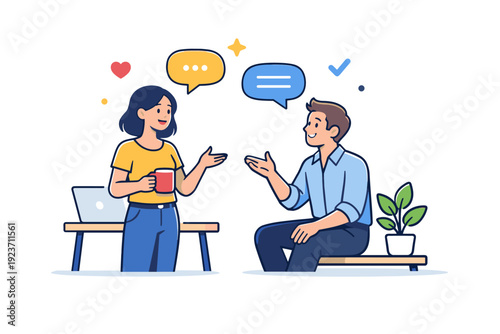 Young professionals casual office moment with conversation and light gestures, symbolizing communication, balance, and positive team dynamics. Minimalist flat