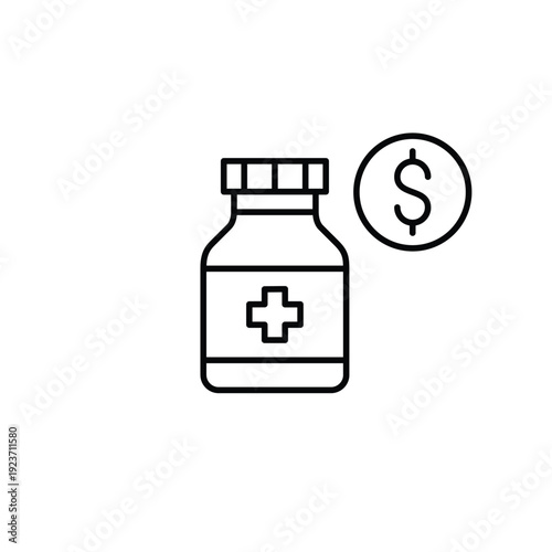 Bottle of pills and dollar. Medication and health costs. Pixel perfect, editable stroke vector icon