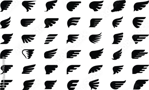 A comprehensive assortment of various black wing silhouettes displayed neatly against a pure white background
