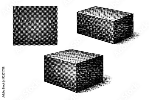 Dense dot mesh texture block depicted as one isolated object presented in flat view, slight angled view, and three-quarter view highlighting contrast buildup.