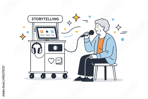 Digital storytelling booth. A resident speaking into a mic at a mobile storytelling station with a tablet interface, floating abstract stars and dots