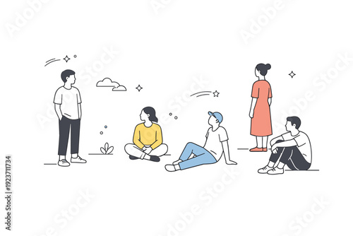 People doing nothing together. A small group standing or sitting quietly in an open space, no interaction or clear purpose. Pause in time, collective rest,