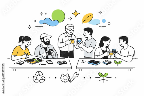 Community modular repair event. People gathering around tables to fix and swap parts of modular gadgets, abstract floating shapes and stars