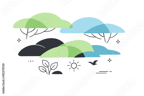 Light and shadow in nature. Clean composition inspired by tree canopies casting layered shadows, abstract shapes expressing rhythm, depth,