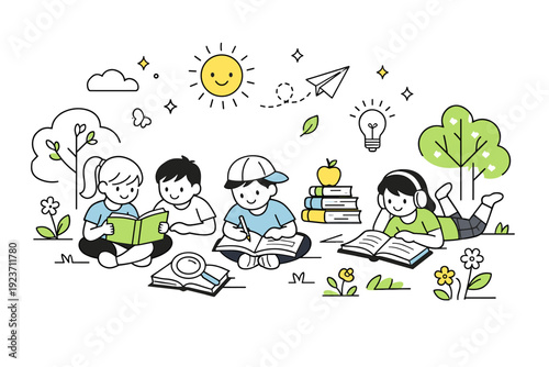 Spring learning celebration scene. Children reading and studying together in a park-like setting with flowers, leaves, and gentle sunshine symbols. A peaceful