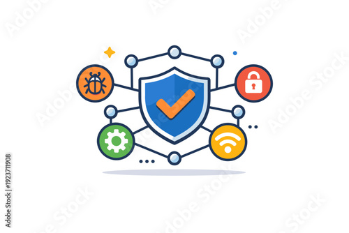 Cyber security concept abstract network nodes guarded by a central shield, expressing threat prevention, system integrity, and smart technology. Minimalist