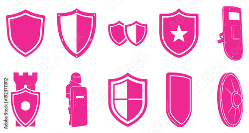 Set of Shield Icons and Riot Gear Vector Graphics for Security and Protection Concepts, Flat Design Illustration