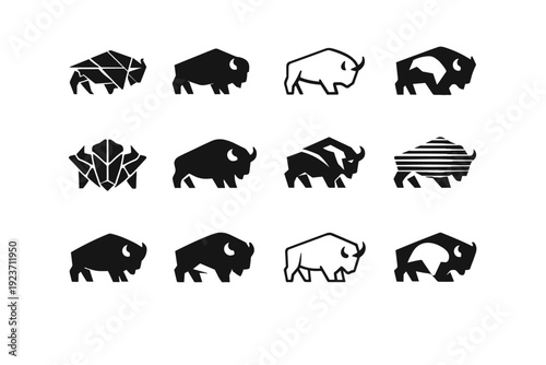 Bison. Icon set. Set Logo of Bison: geometric bison silhouette. harmonious logo variations of the same emblematic concept, each with different artistic