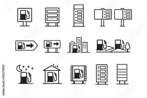 Roadside Fuel Display. Line icon set of Roadside Fuel Display: highway fuel sign, roadside price board, tall price pylon, double-sided price