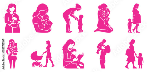 Motherhood Moments Collection: Diverse Mom & Baby Silhouettes in Flat Design Vector Illustration