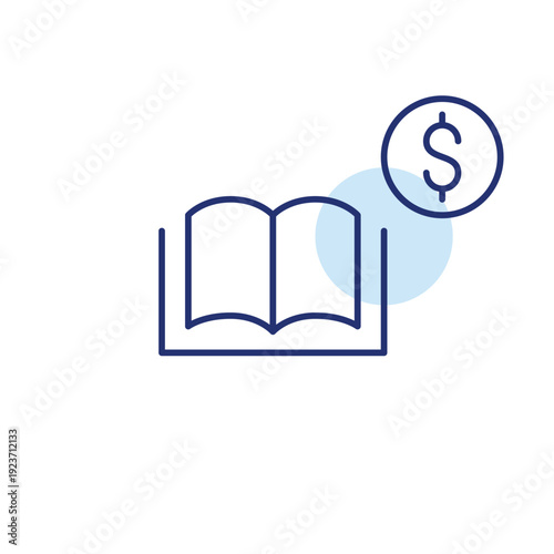 Open book and dollar. Book purchase cost, reading material, digital learning expense. Pixel perfect, editable stroke vector icon