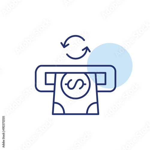 Dollar bill in ATM and renew arrows. Banking update, card refresh, payment renewal. Pixel perfect, editable stroke vector icon