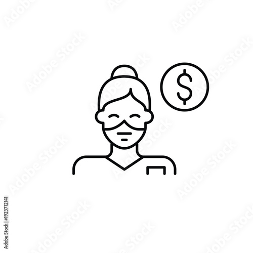 Nurse wearing surgical mask and dollar. Medical service cost, healthcare payment, doctor consultation expense. Pixel perfect, editable stroke vector icon