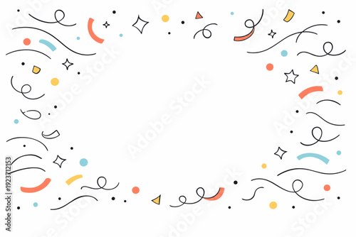 Generic celebration background. A wide minimal composition with soft abstract confetti shapes and gentle curves floating around an open central space. Calm