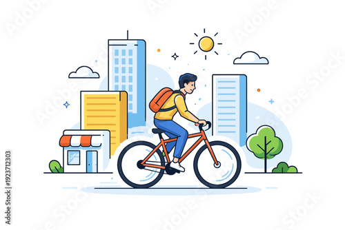Bicycle urban mobility expressed through a simple city commute scene where a single bike moves smoothly among abstract buildings, conveying freedom, efficiency