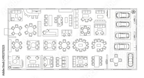Detailed architectural blueprint showcasing various office layouts and furniture arrangements.