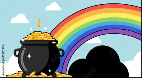 A rainbow arching over a pot of gold coins, illustration of St. Patrick's Day celebration, viewed from the front.