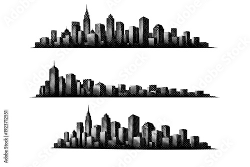 City skyline silhouette depicted as a single urban profile object shown in front view, side view, and three-quarter view with realistic building proportions.