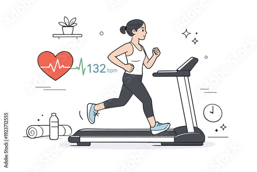 Heart rate monitoring during workouts ? Indoor workout with heart rate display. Person training on a mat or treadmill, simple heart icon and pulse line