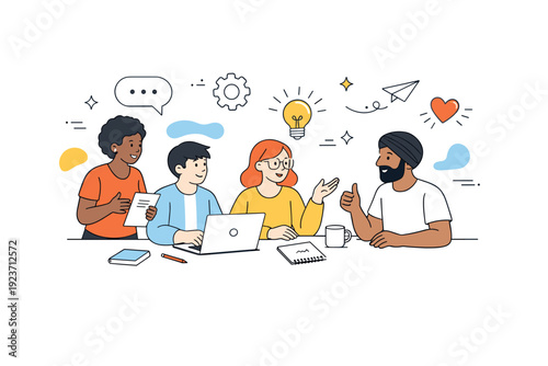 Diversity and inclusion teamwork. People working together, sharing ideas, and supporting each other in a welcoming environment, with subtle abstract shapes