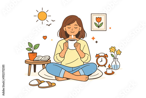 Spring female lifestyle relaxed morning routine with coffee cup, sunlight and minimal interior details, reflecting comfort, mindfulness and slow living. A