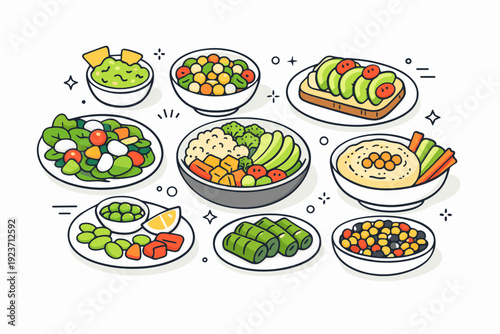 Colorful plant-based dishes. Several small plates with bright vegetables and legumes are arranged neatly. The illustration emphasizes variety, freshness, and