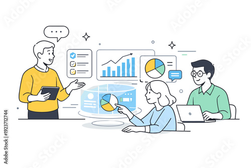 Technology-enabled collaboration. A small team interacting with shared hologram-like charts and data panels, exchanging ideas in real time. The scene