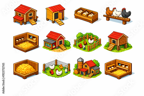 Chicken Coop. Colorful isometric vector icons set of Chicken Coop: wooden chicken coop, open coop door, nesting boxes, roosting chickens, coop interior view,