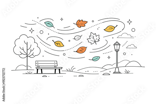 Windy autumn day. Leaves swirling in the wind over a calm park scene, subtle abstract shapes and dots conveying motion and soft seasonal mood. Minimalist flat