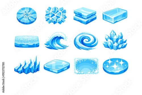 Winter ice textures. Colorful flat vector icons set of Winter ice textures: radial ice crack, geometric frost, layered ice, translucent ice slab, snow dusting,