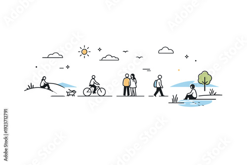 People seen from distance. A wide urban or natural setting with small figures moving slowly through space. The mood feels quiet, detached, and gently